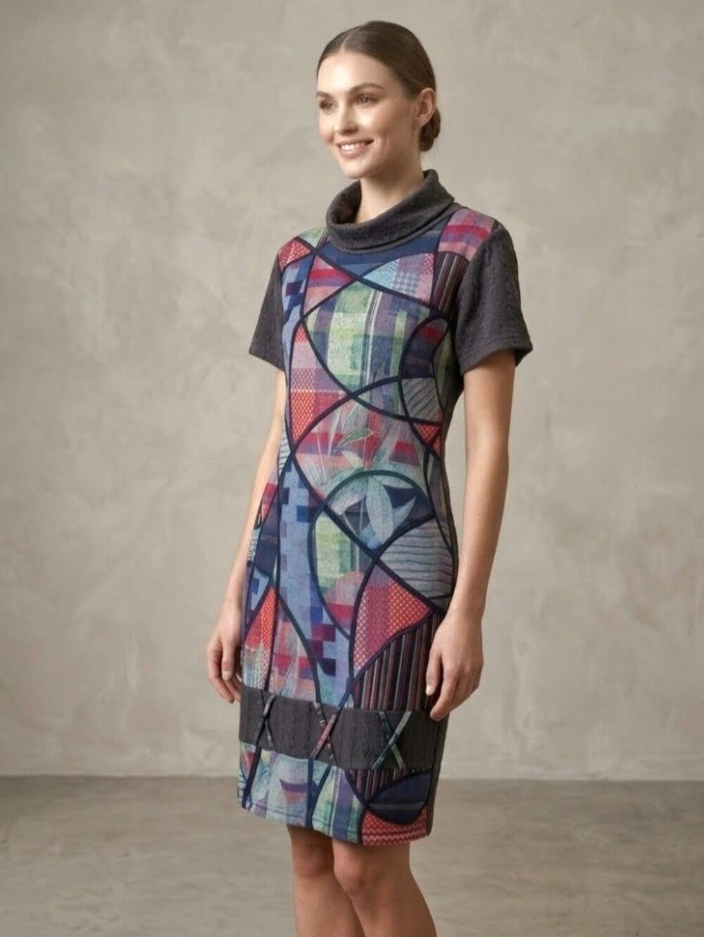 Smash! Barcelona Boho Artsy Geometric Knit Short Sleeve Midi Tunic Dress Large
